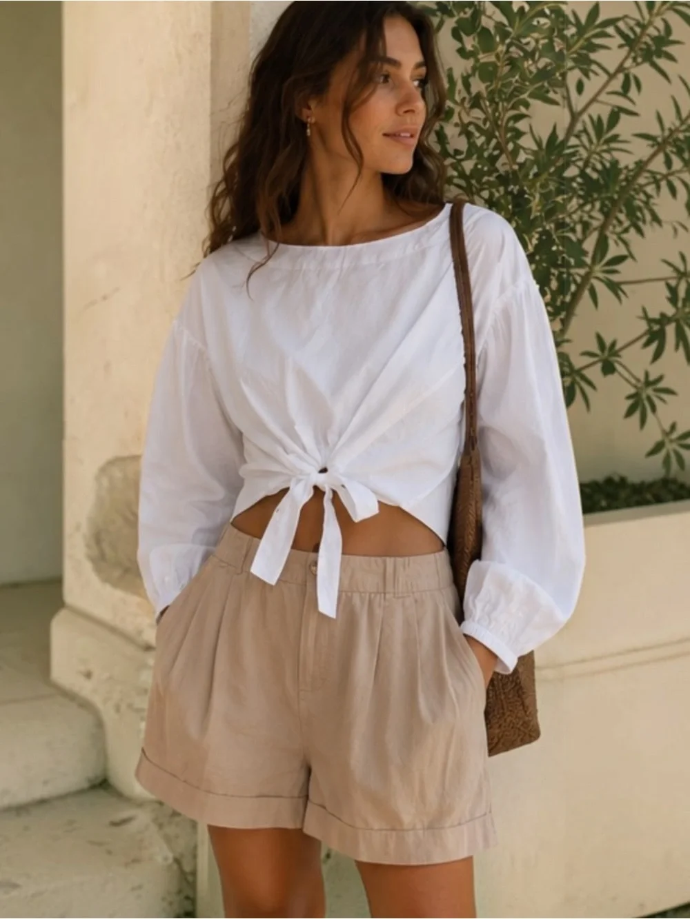 Free People 100% Cotton White Tie Front Balloon Sleeve Cropped Blouse Top